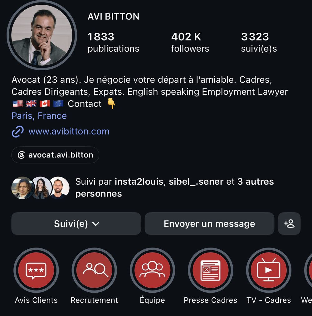 Profil Instagram d'Avi Bitton, avocat en droit du travail